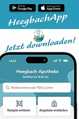 Die Heegbach App auf einem Telefon mit den Schaltflächen Rezepte einlösen und Angebote entdecken