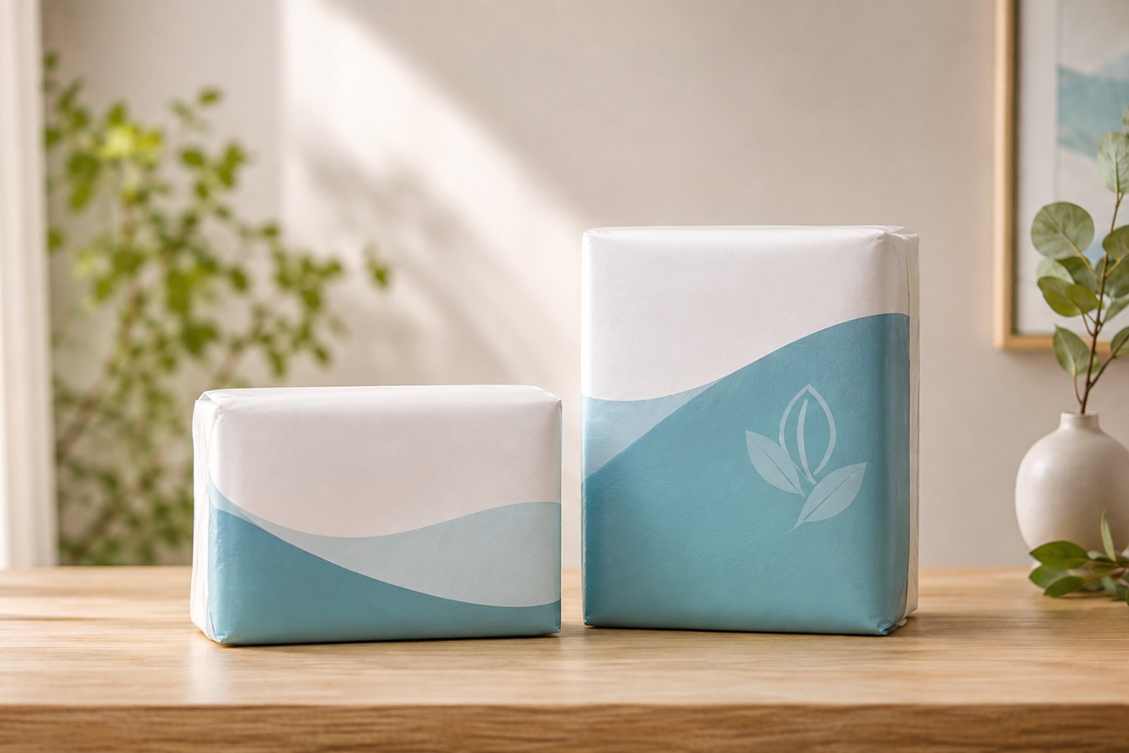 Zwei neutral verpackte Päckchen in Weiss und Türkis auf einem Holztisch, daneben eine Vase mit Zweigen