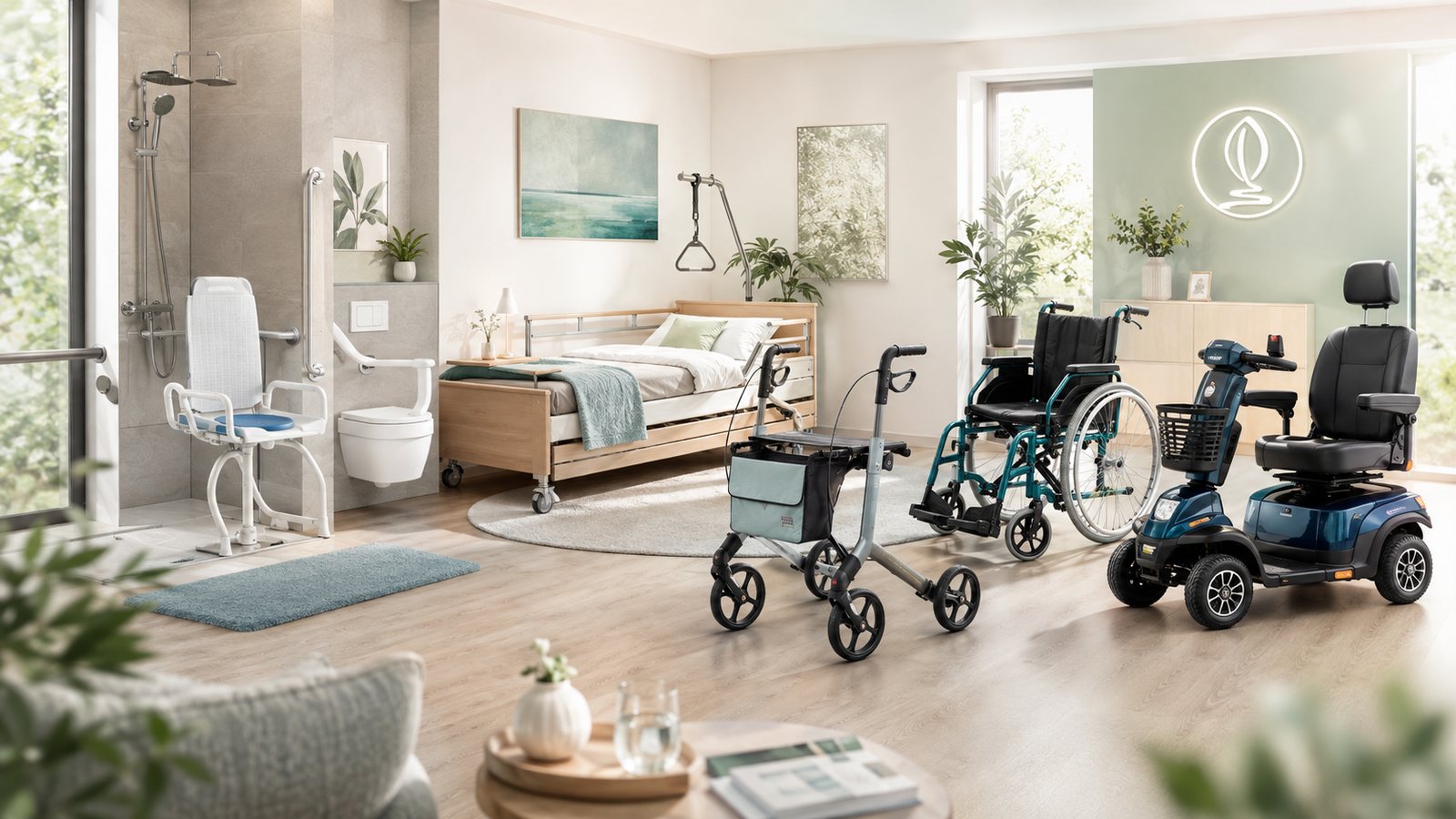 Heller Wohnraum mit barrierefreier Dusche, Duschstuhl, Pflegebett mit Aufrichter, Rollator, Rollstuhl und Elektromobil