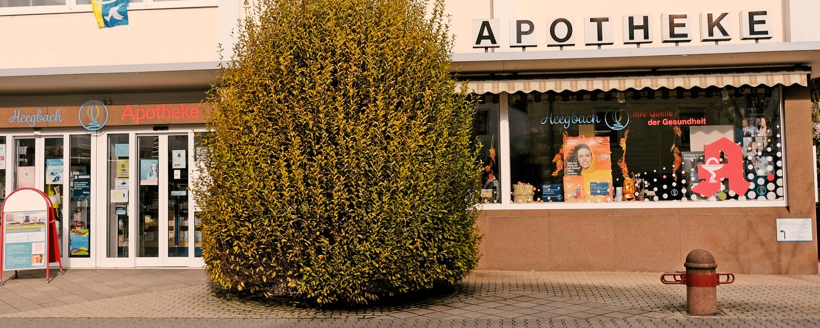 Aussenansicht der Heegbach Apotheke und des Sanitätshauses mit Eingang, Schaufenster und dem Schriftzug Apotheke über dem Vordach