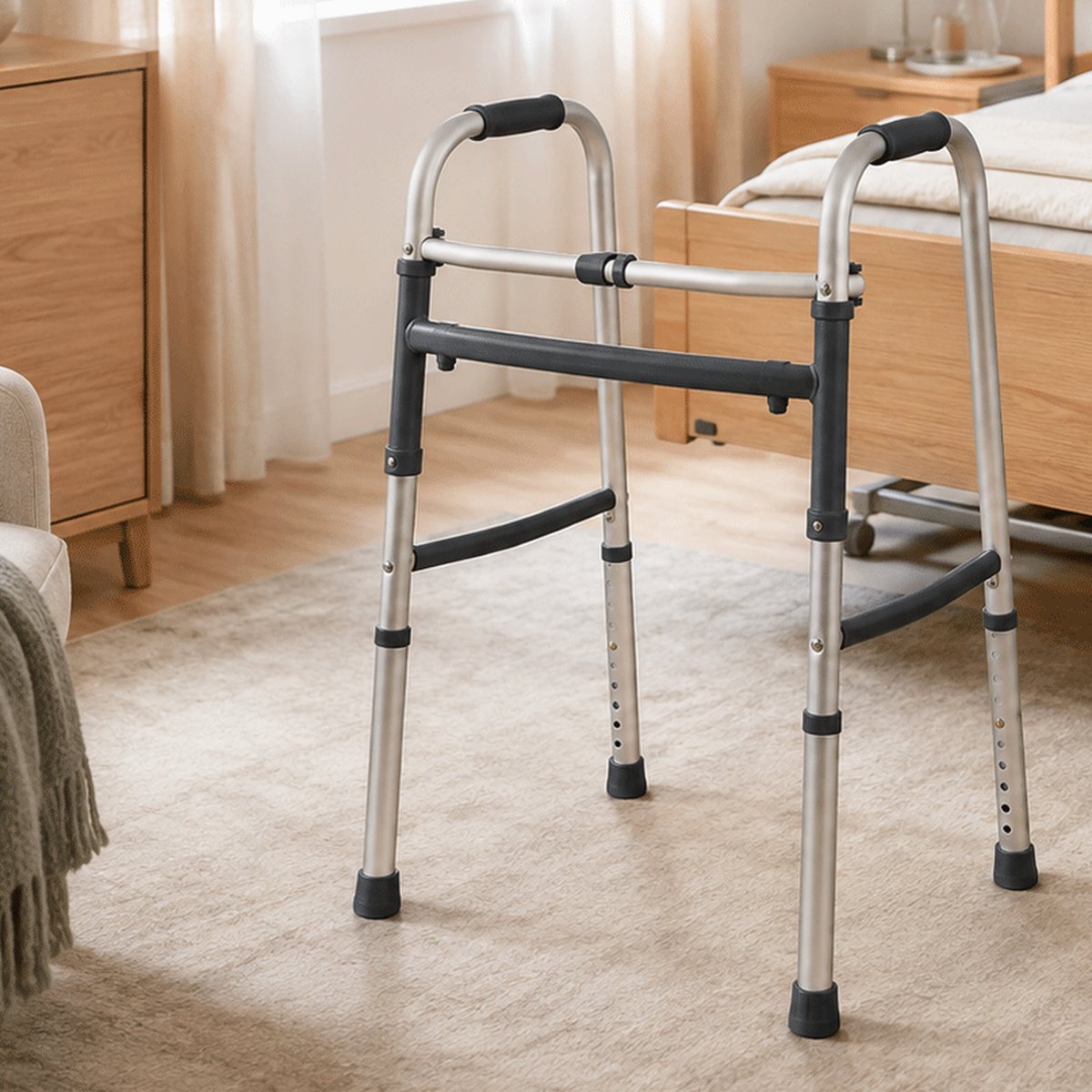 Höhenverstellbarer Gehbock aus Aluminium mit Gummifüssen neben einem Bett