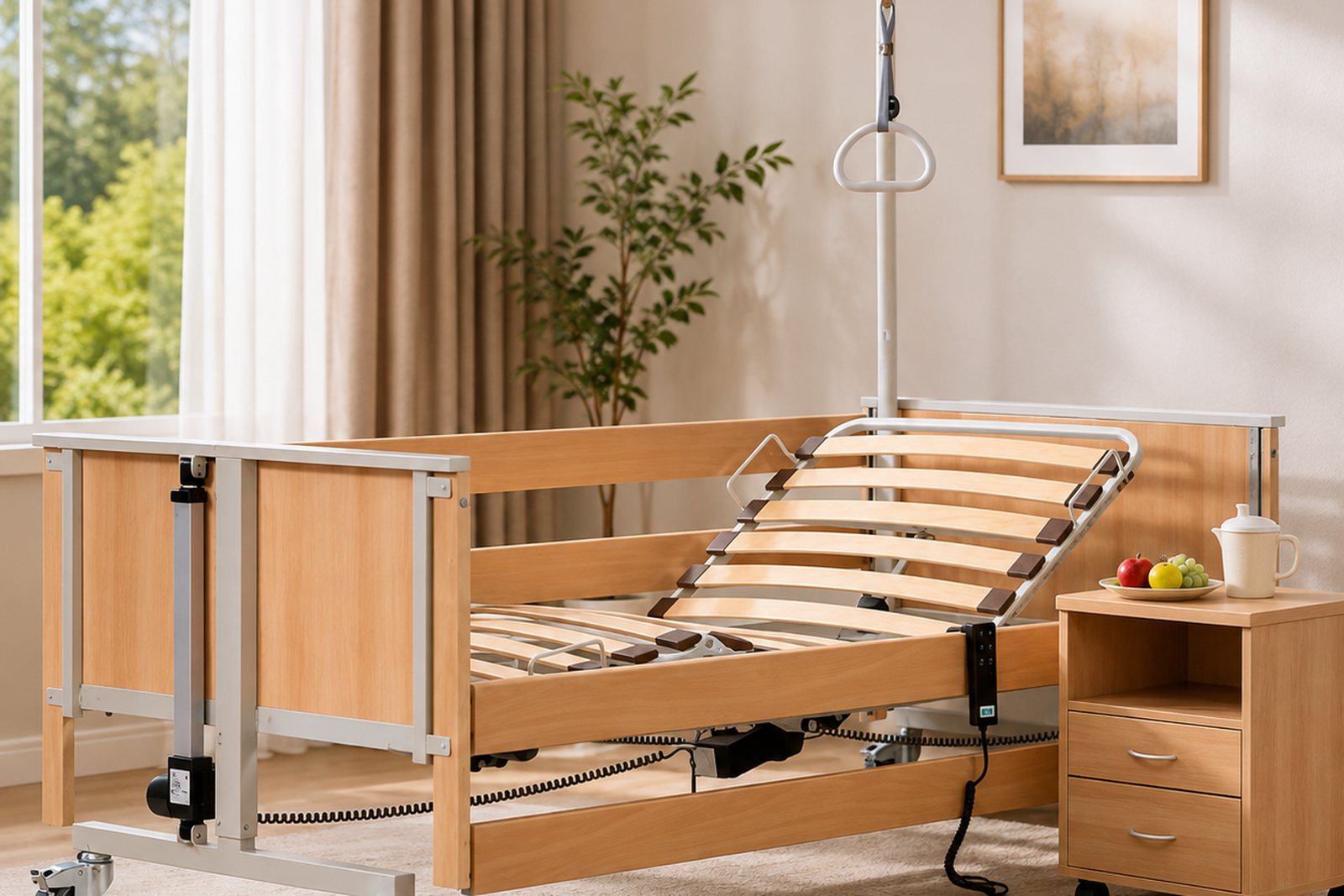 Höhenverstellbares Pflegebett aus Holz mit Aufrichter und Seitengittern in einem hellen Zimmer, daneben ein Pflegenachttisch
