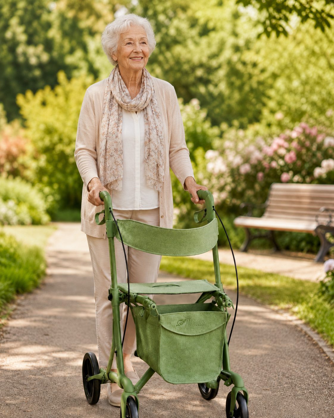 Ältere Frau geht mit einem grünen Rollator über einen Weg im Park