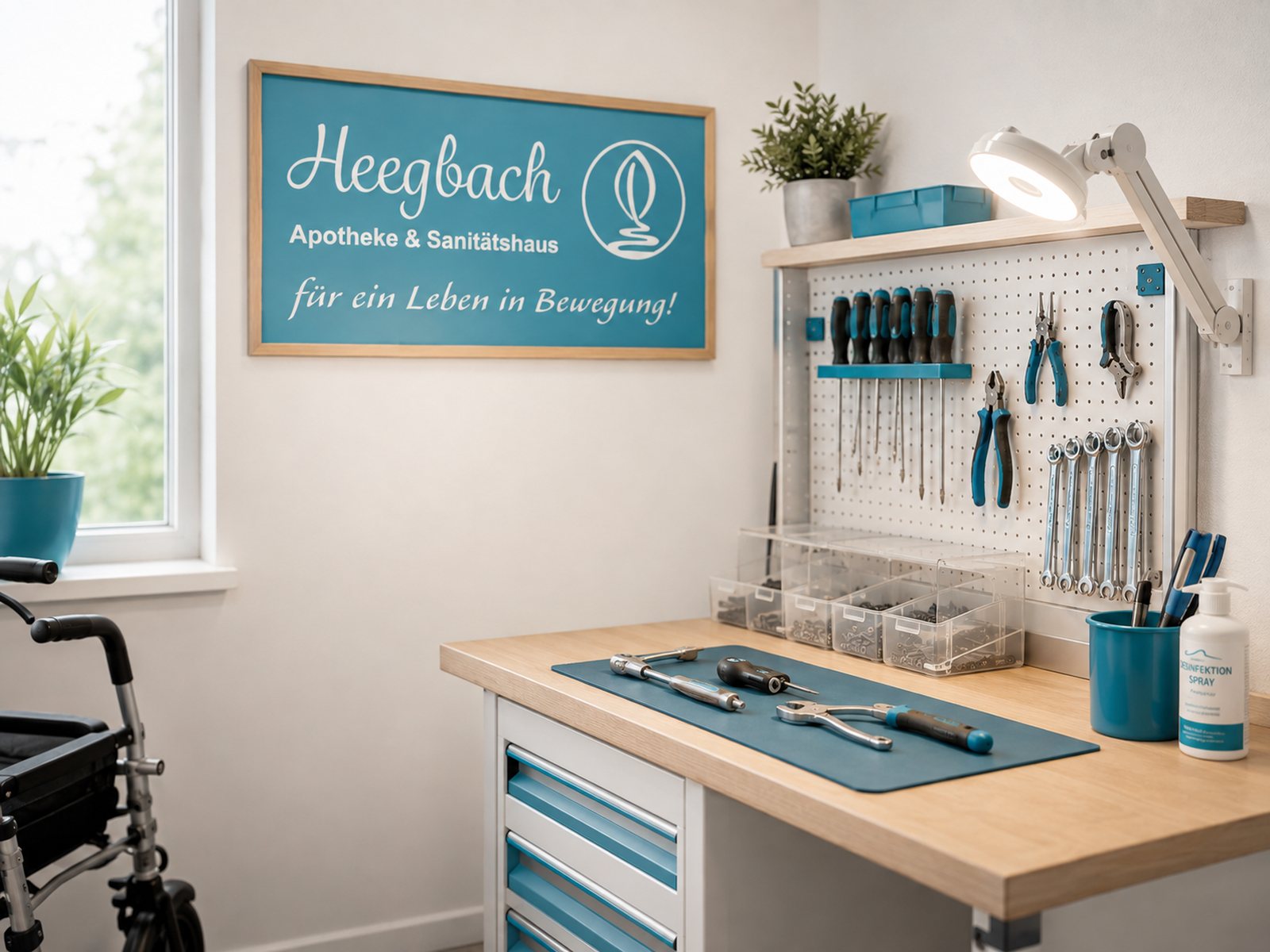 Werkbank im Sanitätshaus mit Werkzeugwand, Arbeitsleuchte und dem Schild Heegbach Apotheke und Sanitätshaus, links ein Rollstuhl
